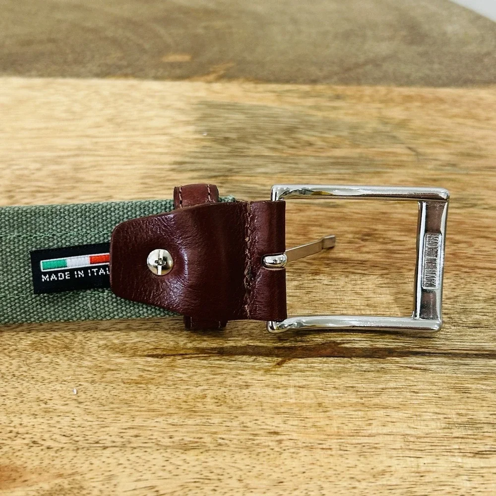 Vera Pelle Italian Green Canvas Leather Belt Men's 42